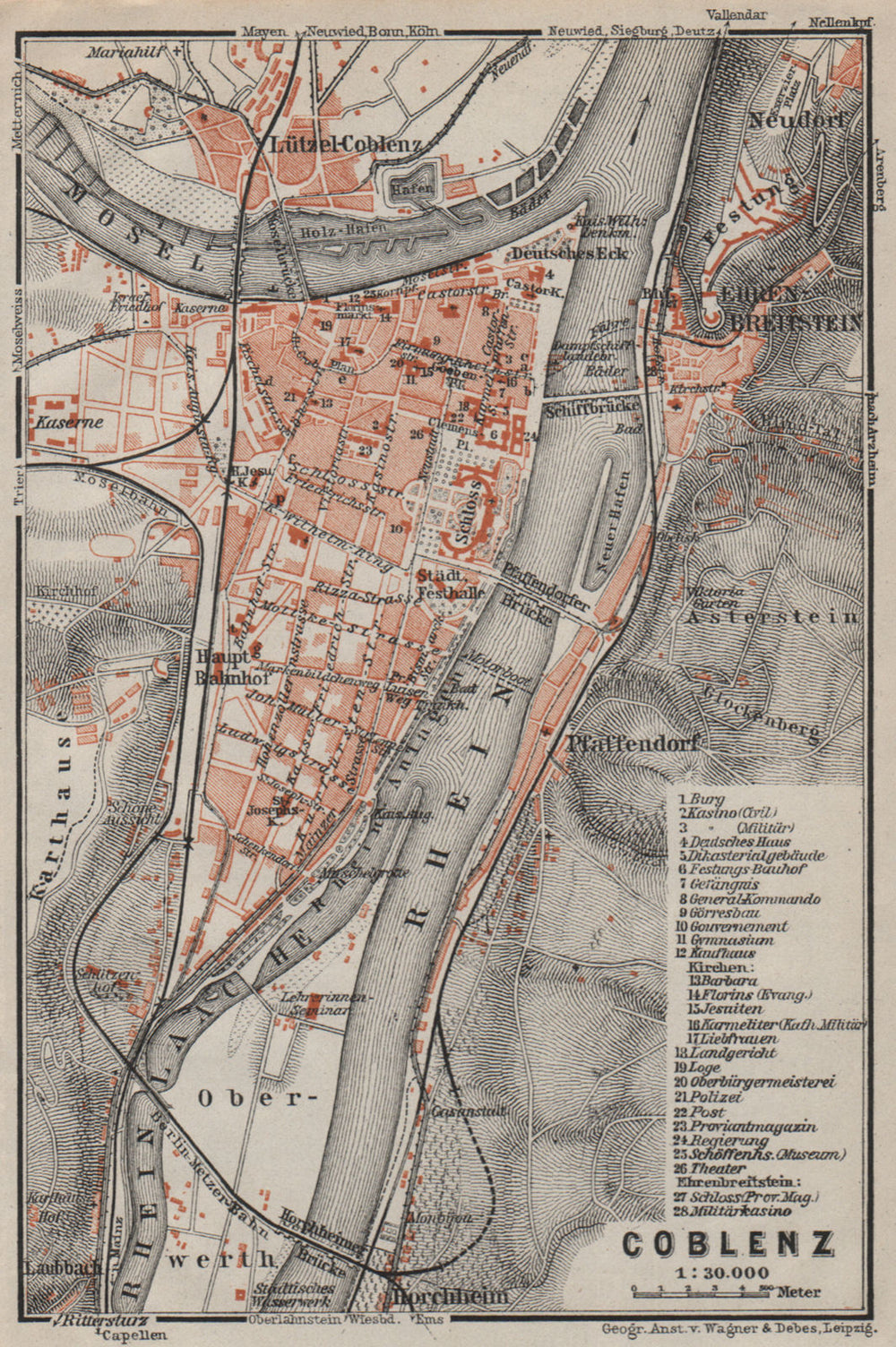 KOBLENZ city stadtplan. Rhineland-Palatinate. Coblenz Ehrenbreitstein 1906 map