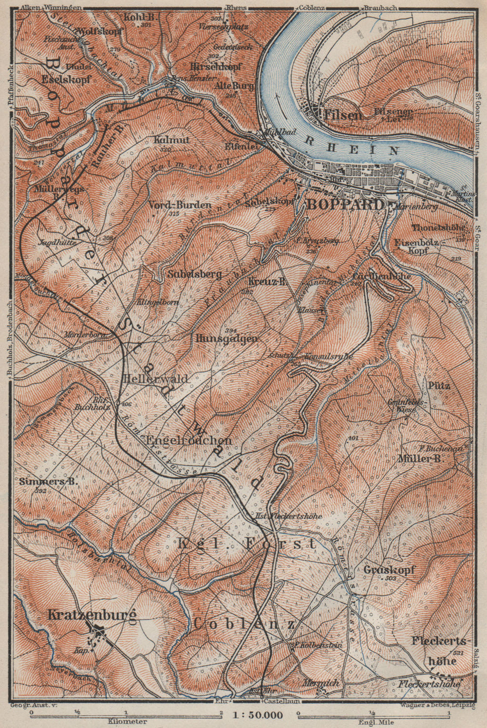 BOPPARDER STADTWALD environs. Oberes Mittelrheintal. Rhine Gorge karte 1906 map