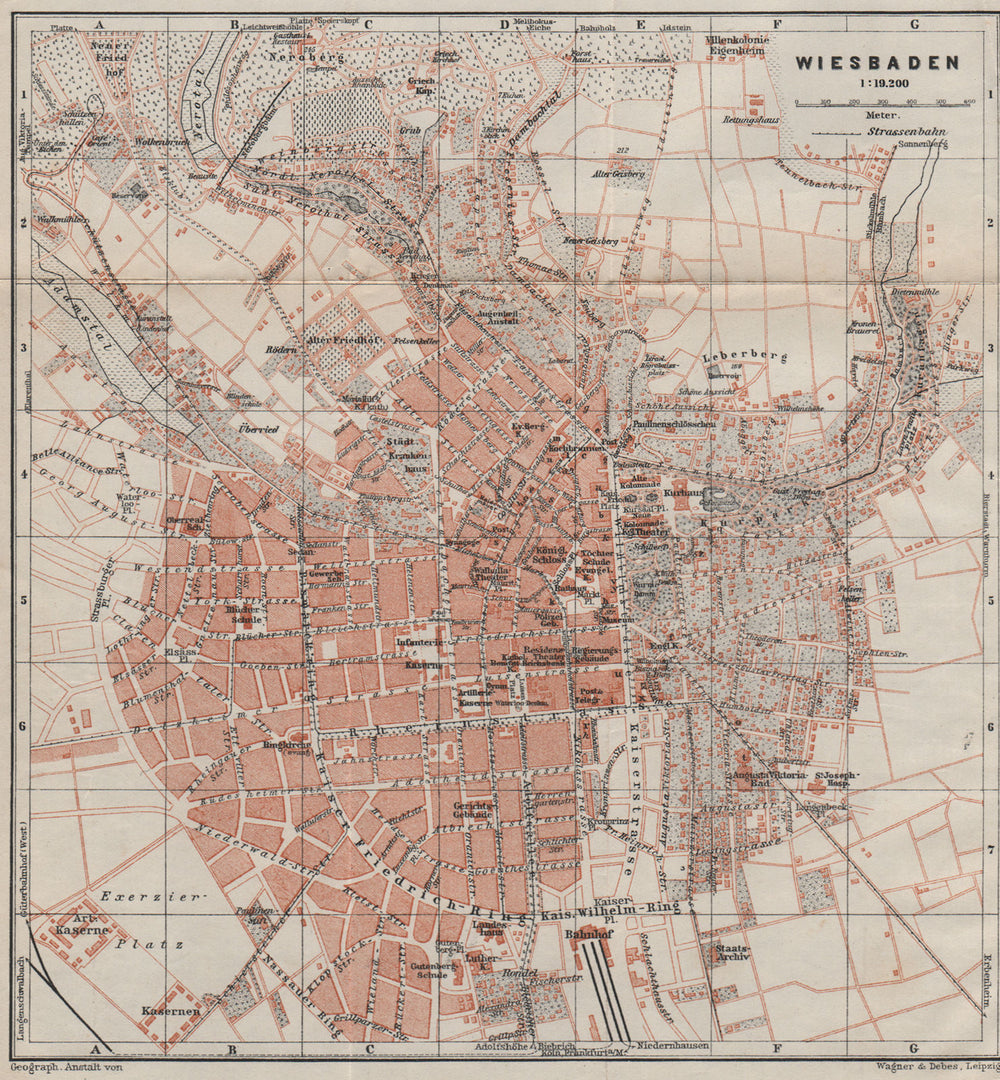 WIESBADEN antique town city stadtplan. Hessen karte. BAEDEKER 1906 old map