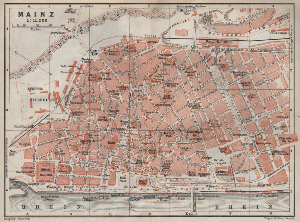 MAINZ antique town city stadtplan. Rhineland-Palatinate. Mayence karte 1906 map