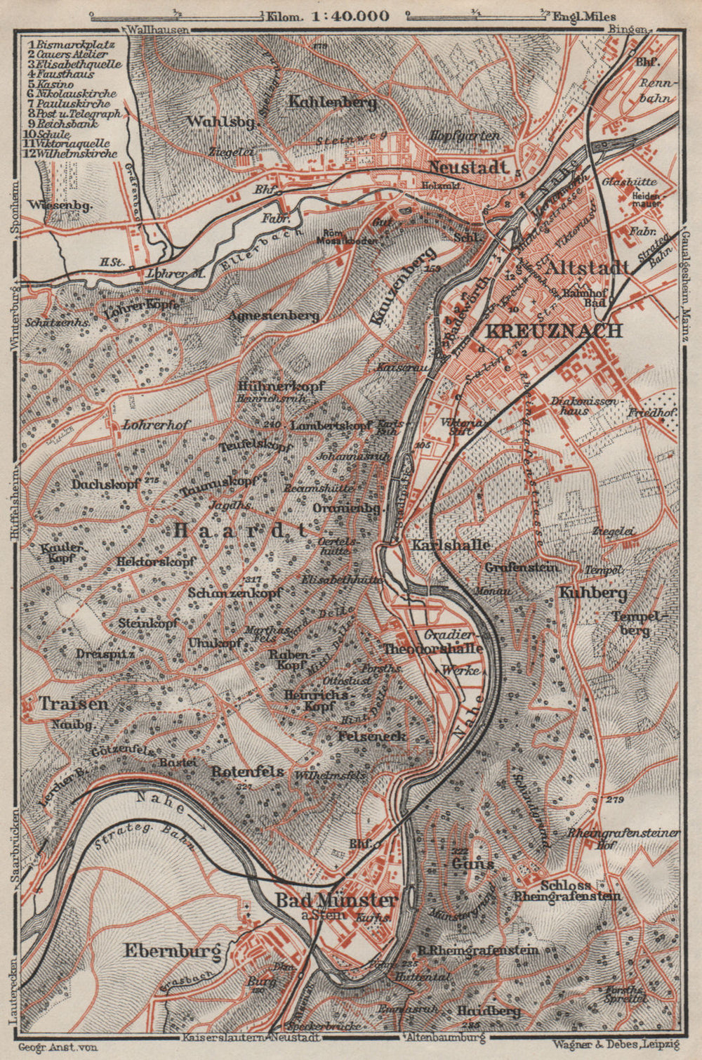 BAD KREUZNACH und umgebung/environs. Rhineland-Palatinate karte 1906 old map