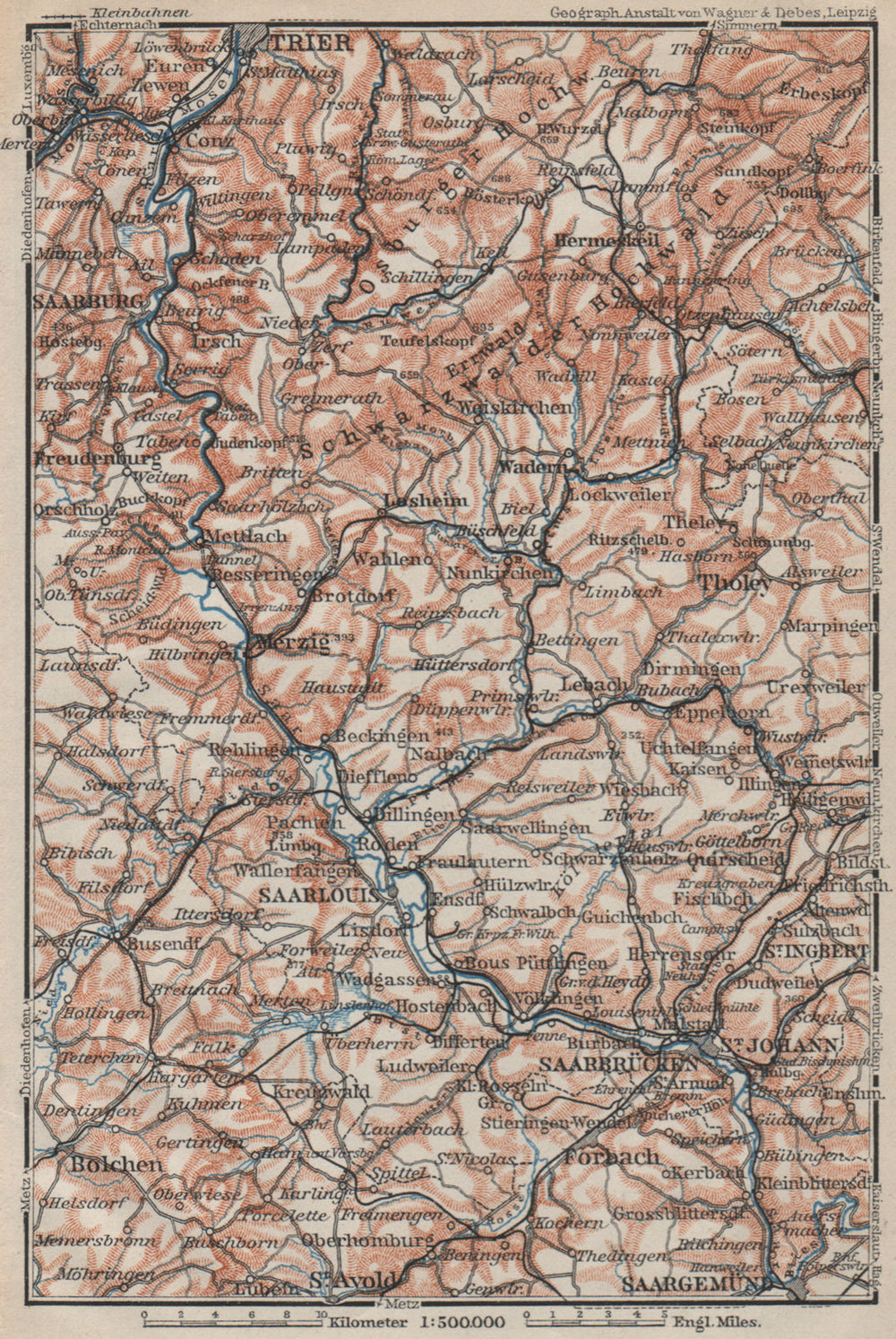 SAAR SARRE RIVER VALLEY. Trier Saarbruckem Saarlouis Saarburg karte 1906 map
