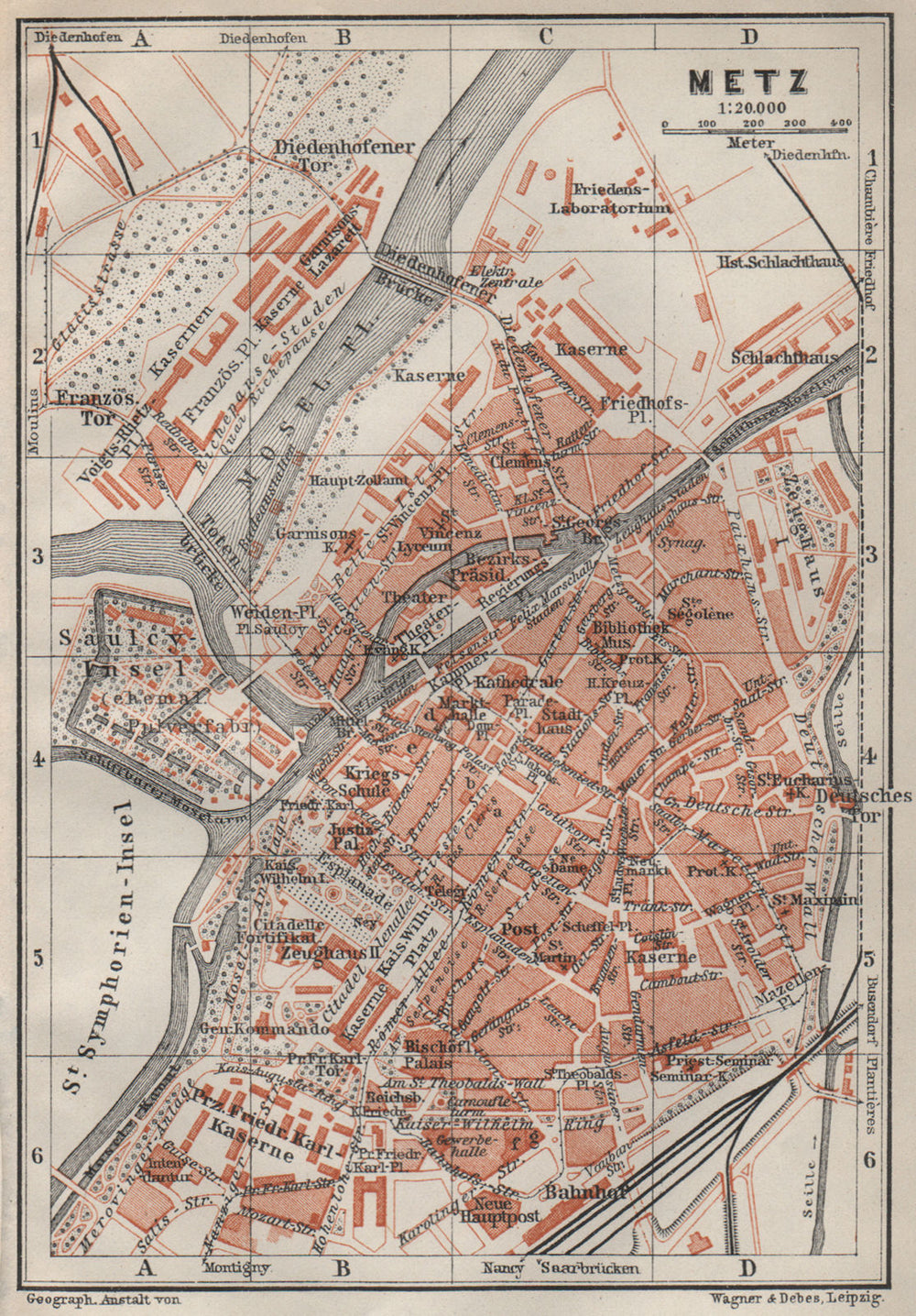 METZ antique town city stadtplan. Moselle carte. BAEDEKER 1906 old map