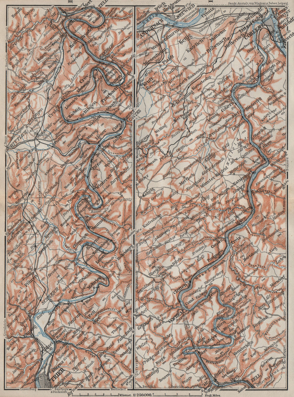 MOSELLE. Trier-Schweich-Leiwen-Bernkastel-Kues-Koblenz. Treves Coblenz 1906 map