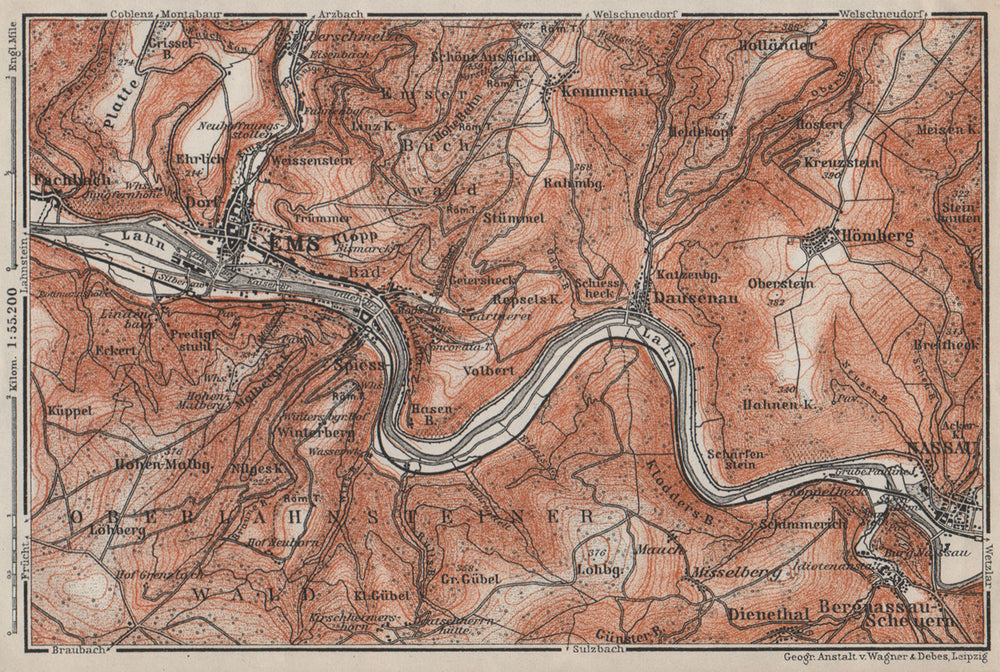 BAD EMS & NASSAU environs. Dausenau Lahn. Deutschland karte. BAEDEKER 1906 map