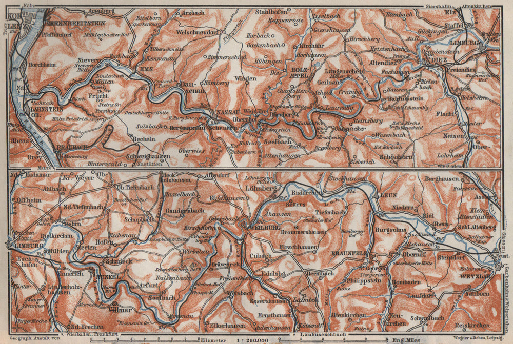 LAHNTAL VALLEY. Lahnstein Koblenz Wetzlar Limburg Weilburg Bad Ems 1906 map