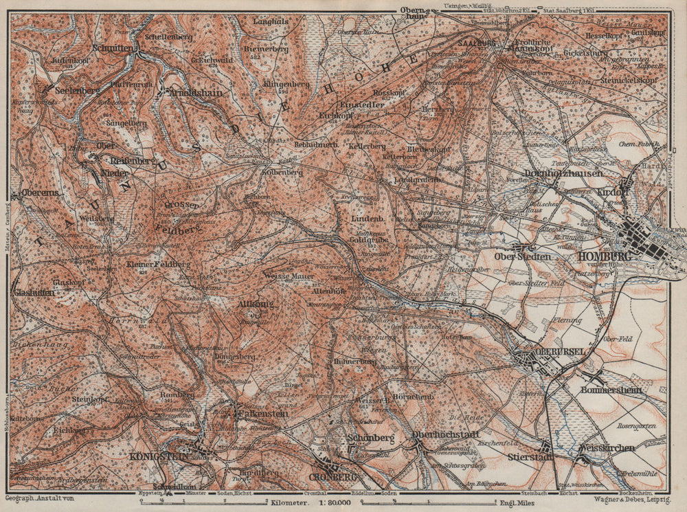 TAUNUS & BAD HOMBURG VOR DER HÖHE environs/umgebung. Hessen karte 1906 old map