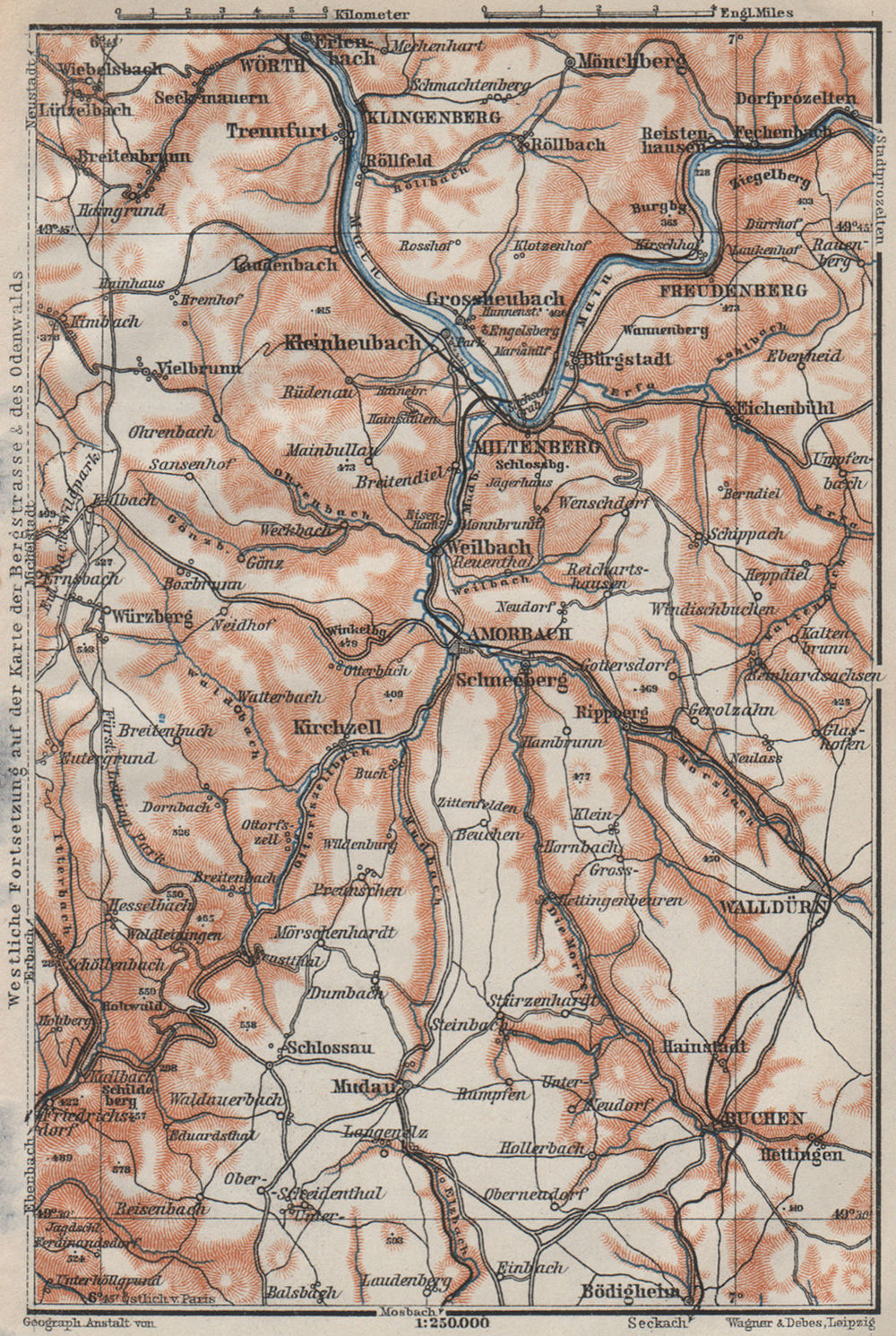ÖST/EAST ODENWALD topo-map. Miltenberg Walldürn Klingenburg. Germany 1906