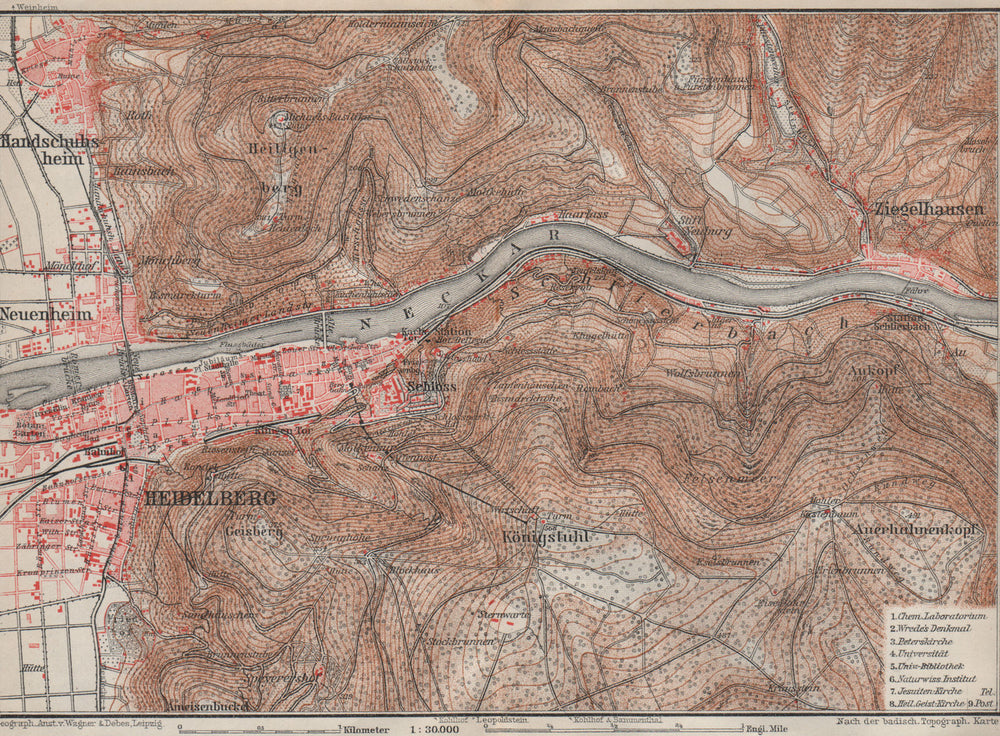 HEIDELBERG & environs ungebung. Ziegelhausen. Baden-Württemberg karte 1906 map
