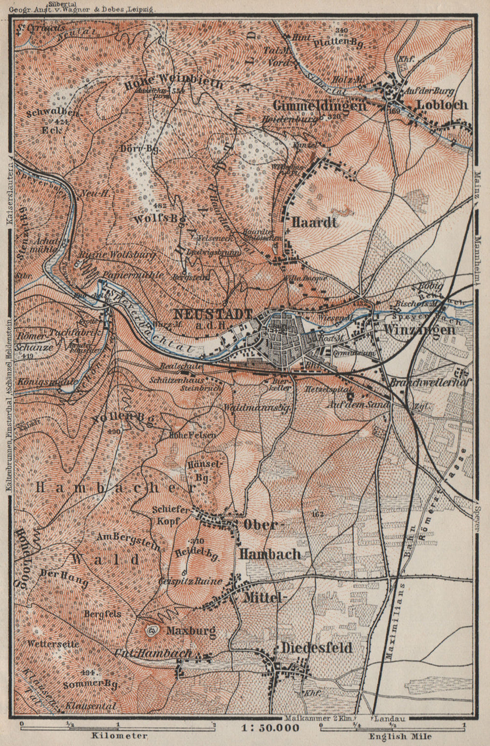 NEUSTADT AN DER WEINSTRAßE & WINZINGEN. Neustadt an der Haardt karte 1906 map