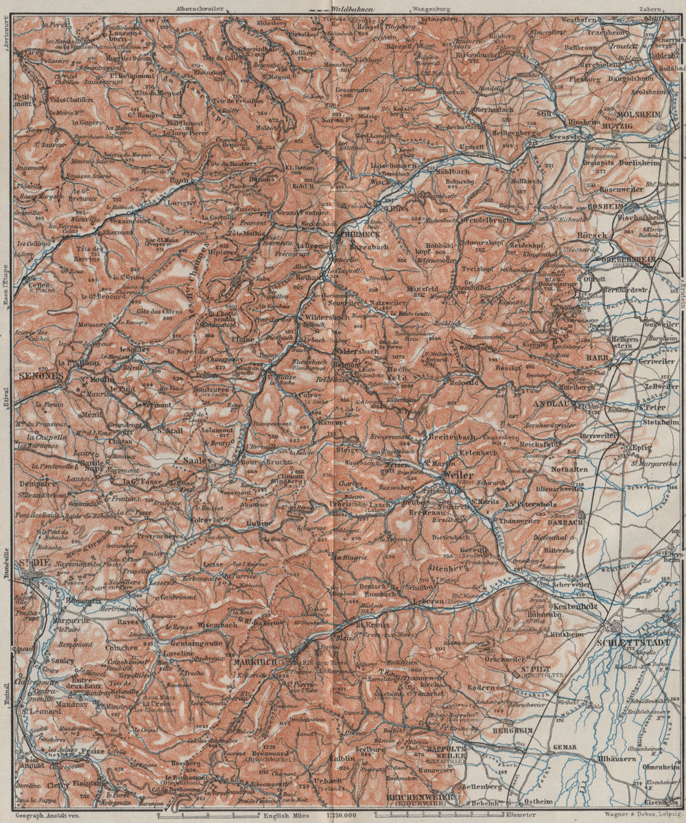 CENTRAL VOSGES MOUNTAINS. St Die Schlettstadt Molsheim carte. BAEDEKER 1906 map