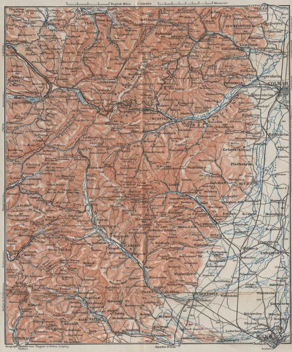 SOUTHERN VOSGES MOUNTAINS. Colmar Mulhouse. Haut-Rhin carte. BAEDEKER 1906 map