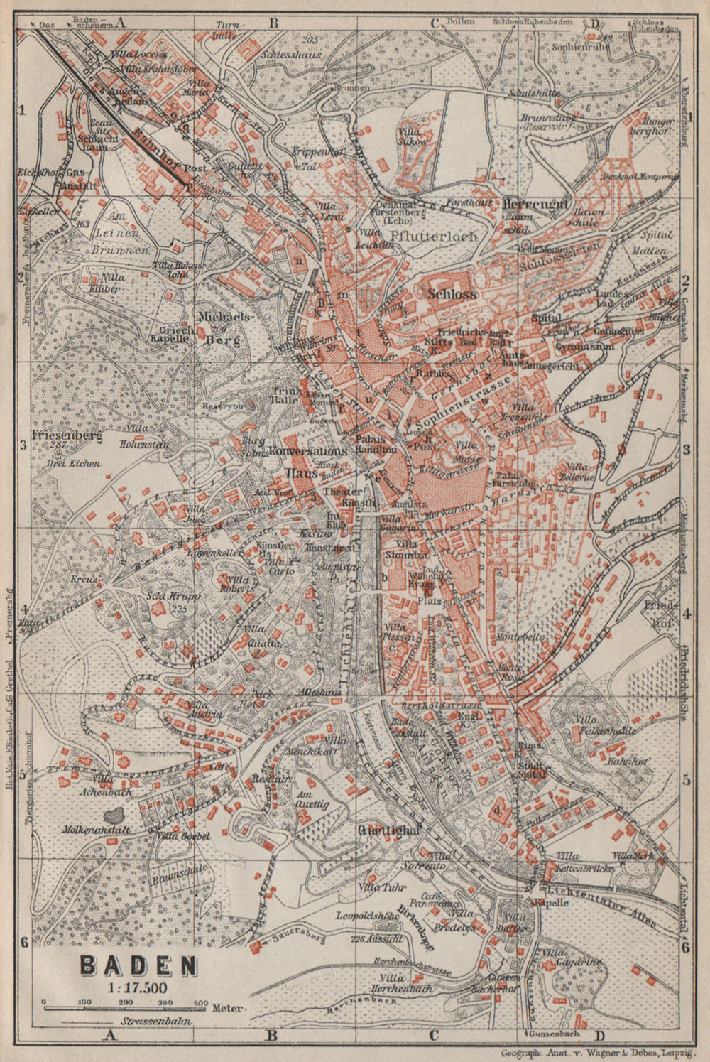 BADEN-BADEN town city stadtplan & environs/umgebung. Germany karte 1906 map
