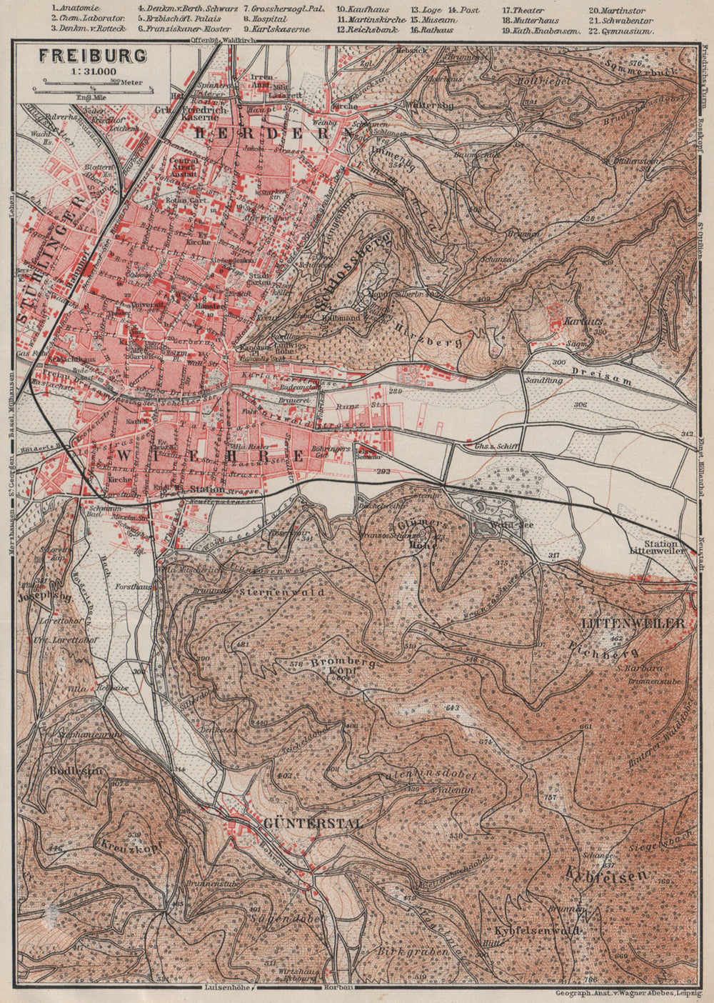 FREIBURG town city stadtplan & umgebung. Gunterstal. Baden-Württemberg 1906 map