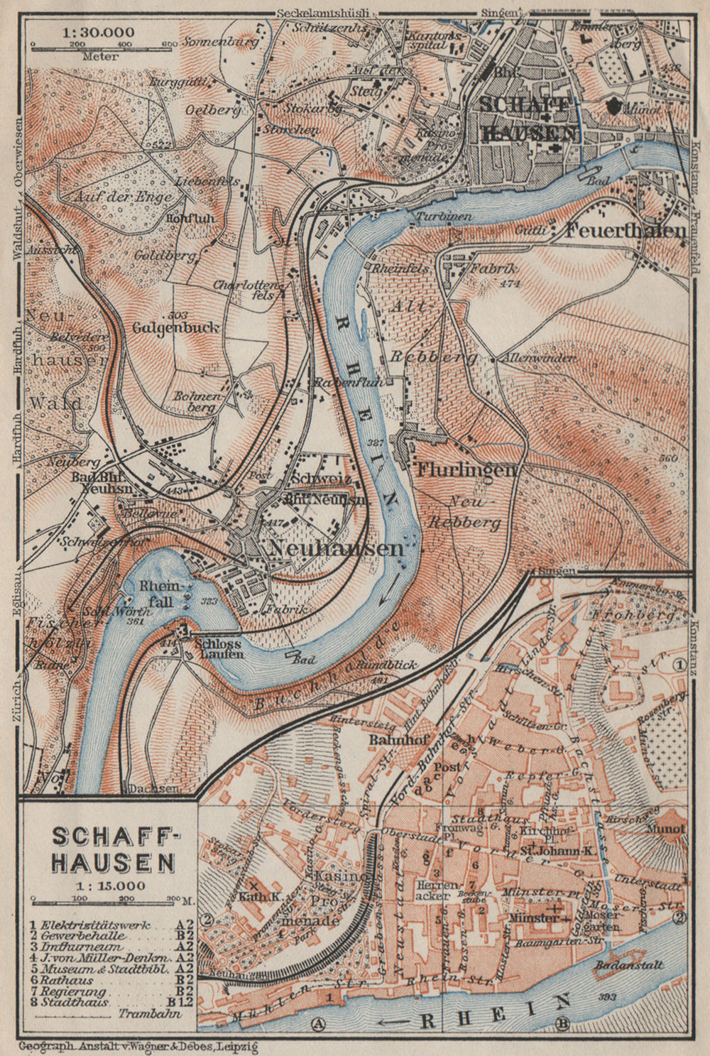 SCHAFFHAUSEN town city stadtplan & umgebung. Rheinfall. Rhine falls 1906 map