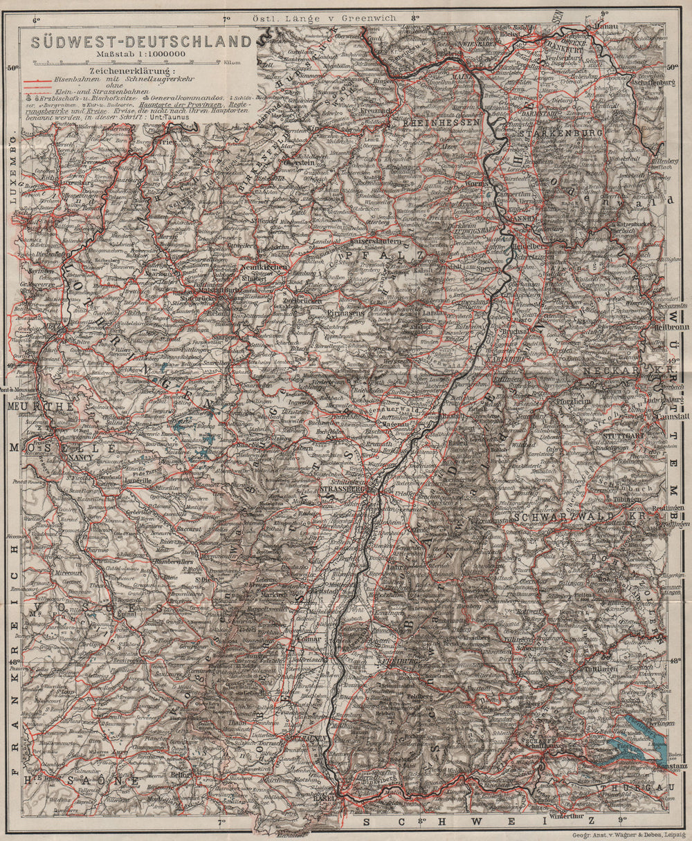 SW GERMANY SÜDWEST-DEUTSCHLAND inc. Reichsland Elsaß-Lothringen. Baden 1906 map