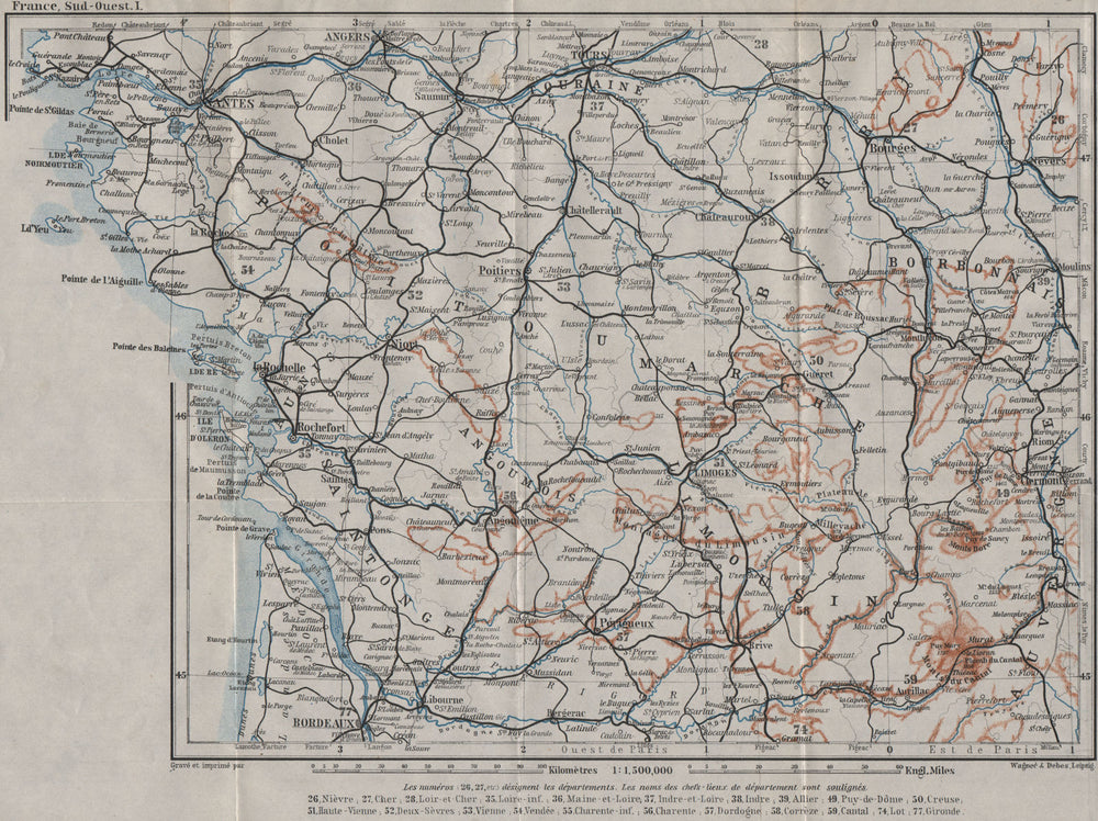 SOUTH-WESTERN FRANCE. Poitou Touraine Limousin Berry Aunis Saintonge 1907 map