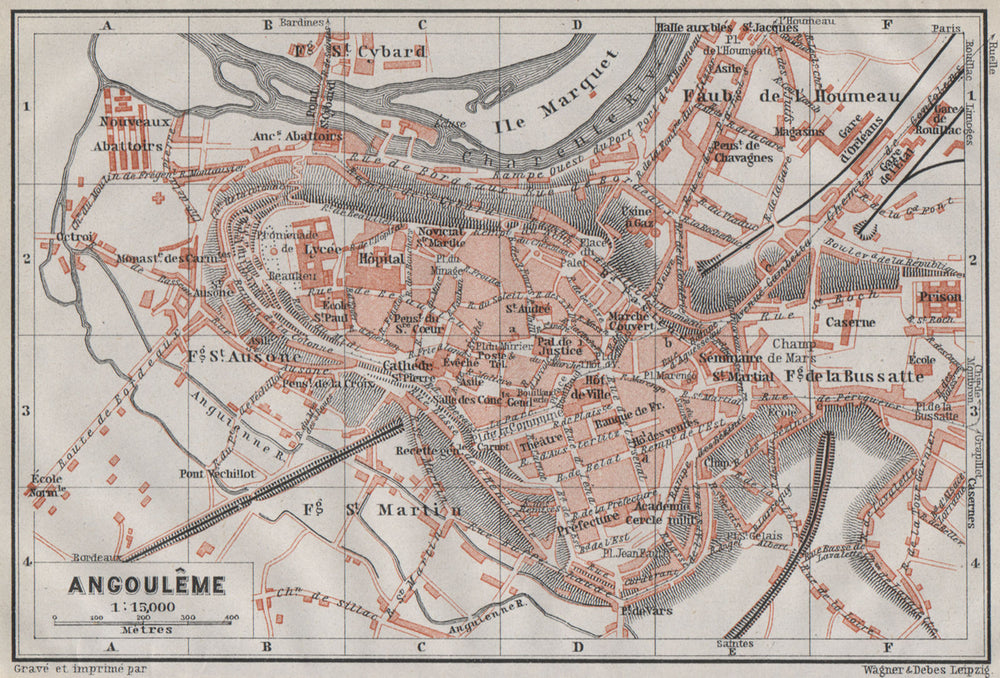 ANGOULÊME antique town city plan de la ville. Charente carte. BAEDEKER 1907 map