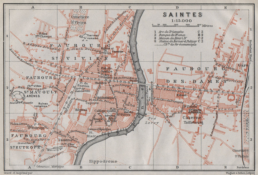 SAINTES antique town city plan de la ville. Charente-Maritime carte 1907 map