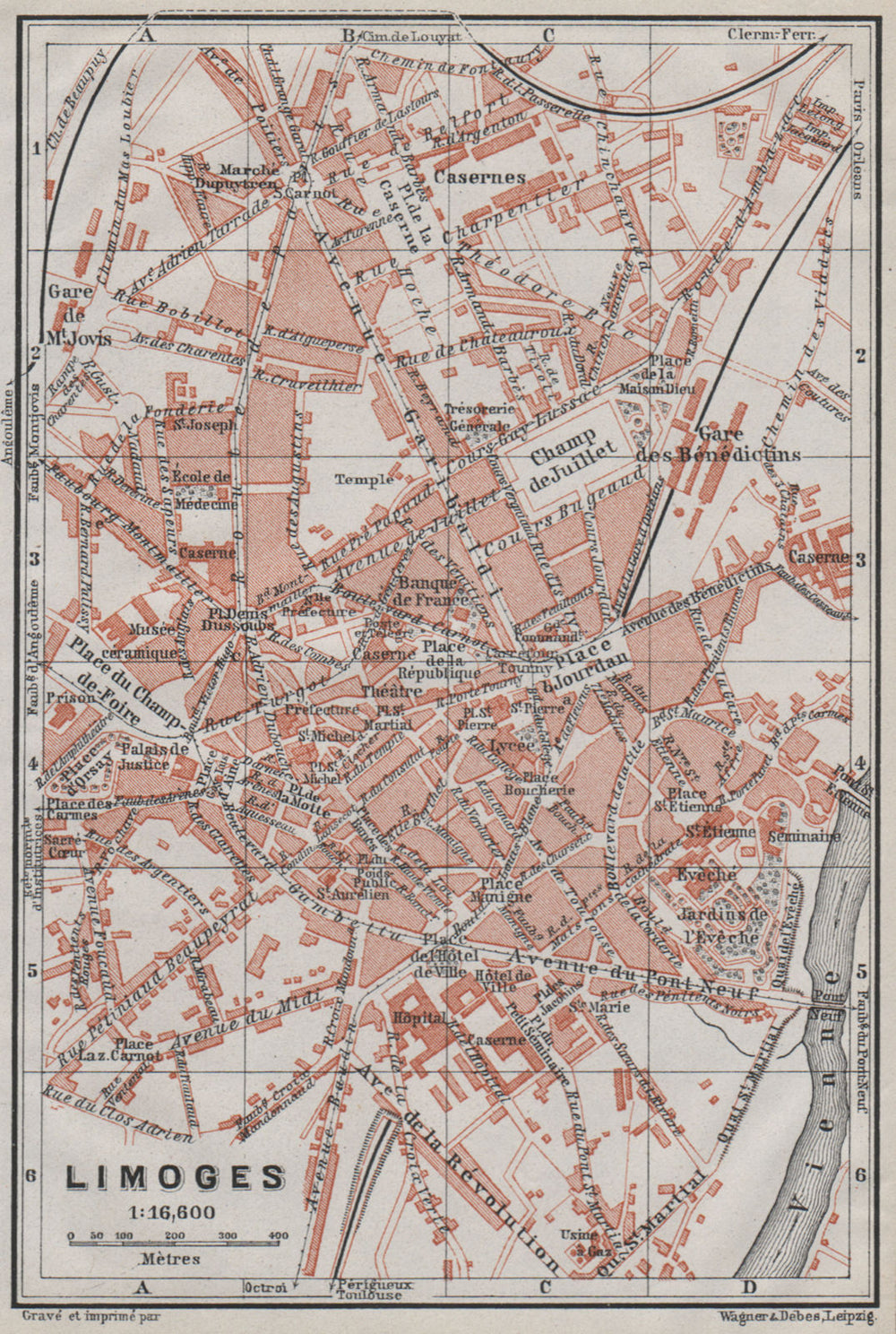 LIMOGES antique town city plan de la ville. Haute-Vienne carte 1907 old map