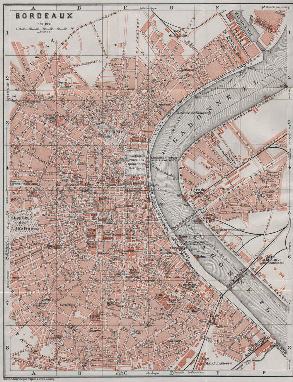 BORDEAUX antique town city plan de la ville. Gironde carte. BAEDEKER 1907 map