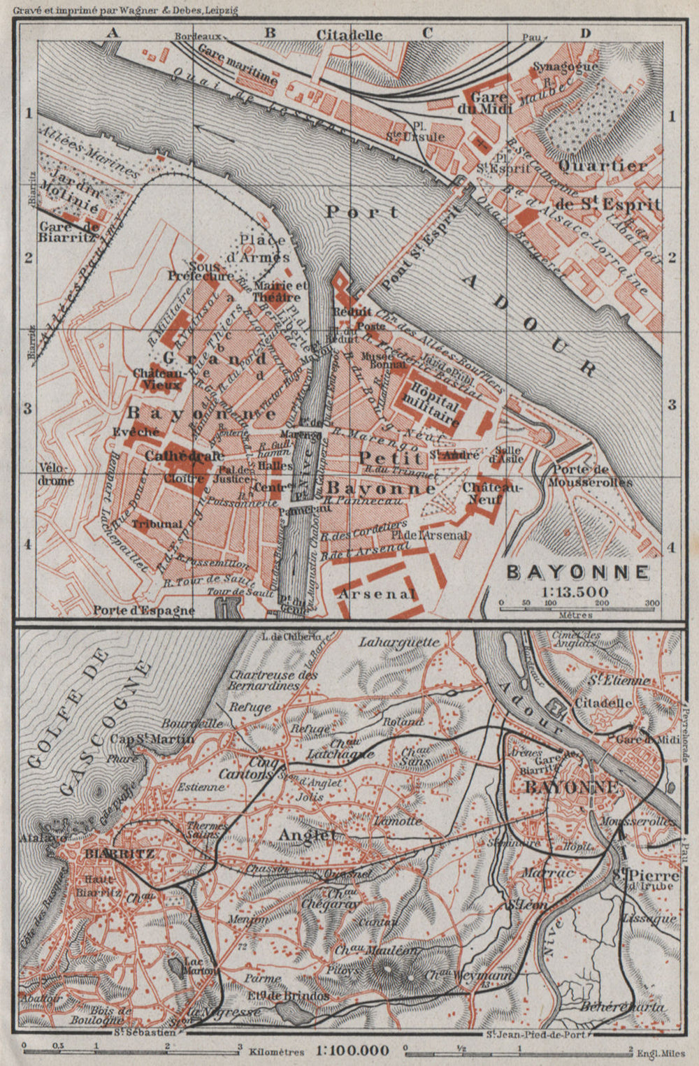 BAYONNE town city plan & environs. Biarritz. Pyrénées-Atlantiques 1907 old map