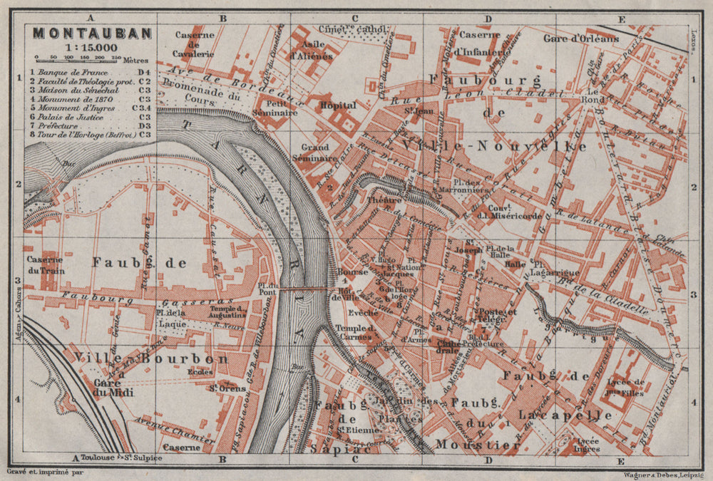 MONTAUBAN antique town city plan de la ville. Tarn-et-Garonne carte 1907 map
