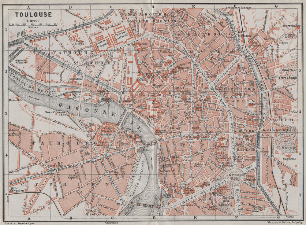 TOULOUSE antique town city plan de la ville. Haute-Garonne carte 1907 old map