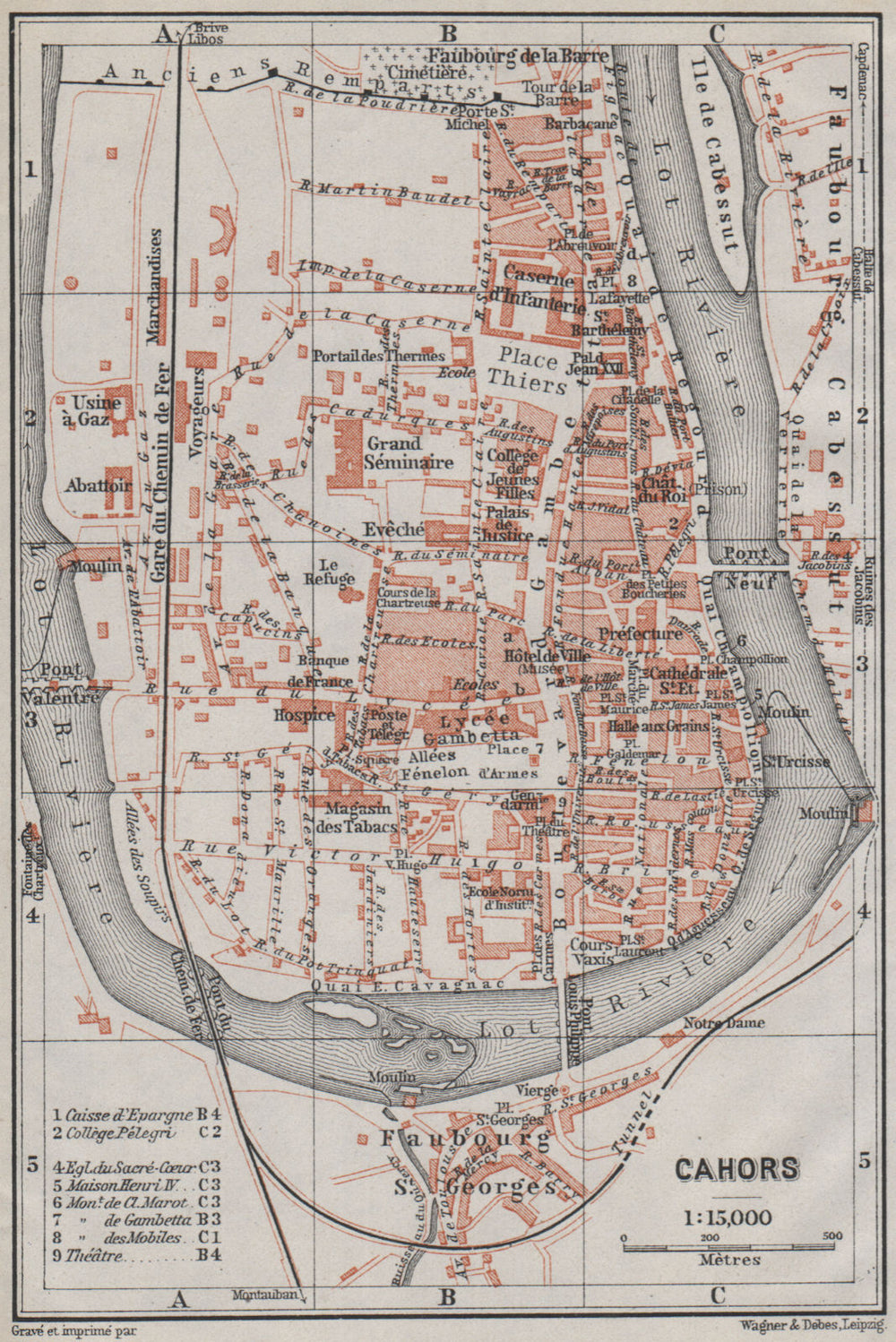 CAHORS antique town city plan de la ville. Lot carte. BAEDEKER 1907 old map