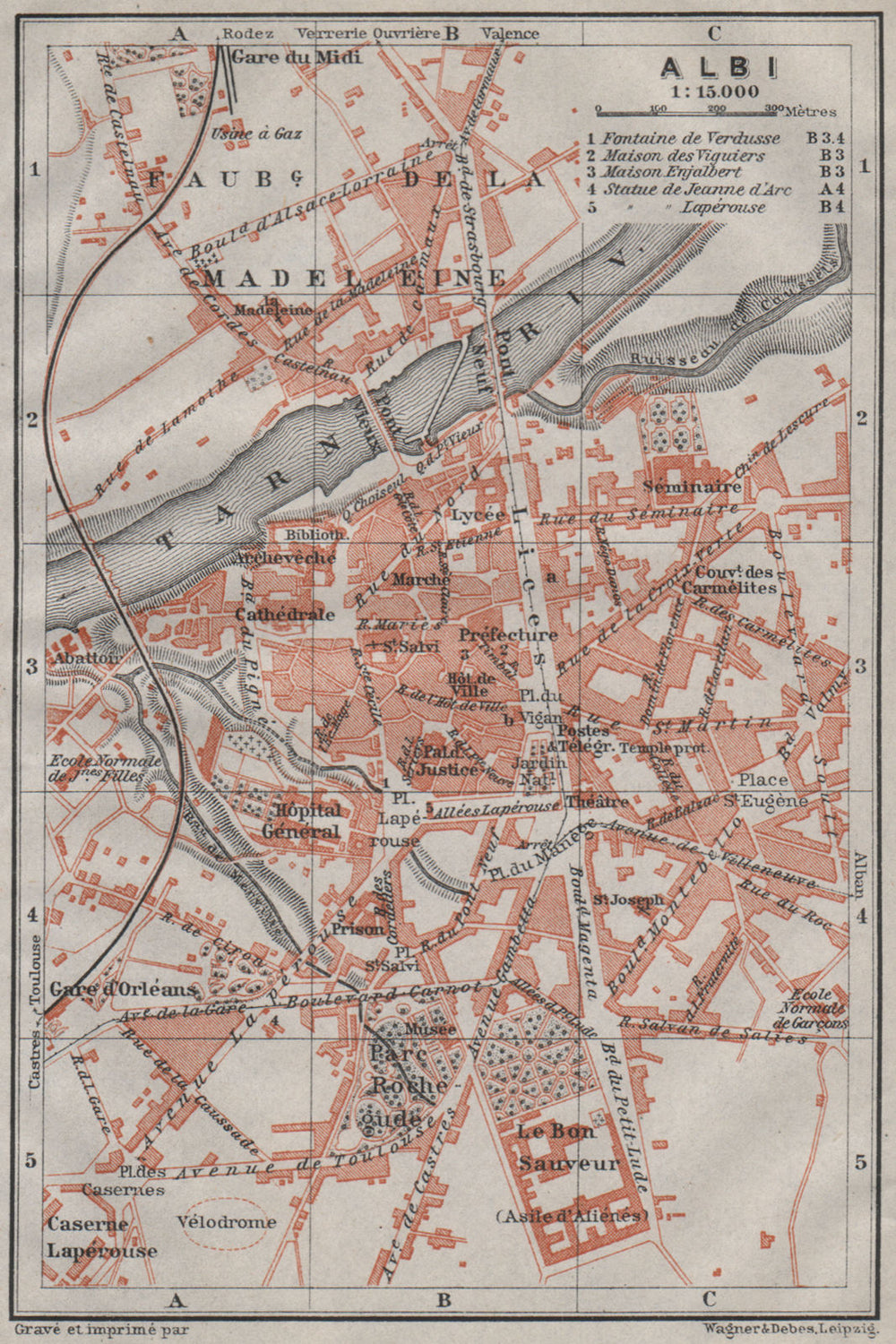 ALBI antique town city plan de la ville. Tarn carte. BAEDEKER 1907 old map