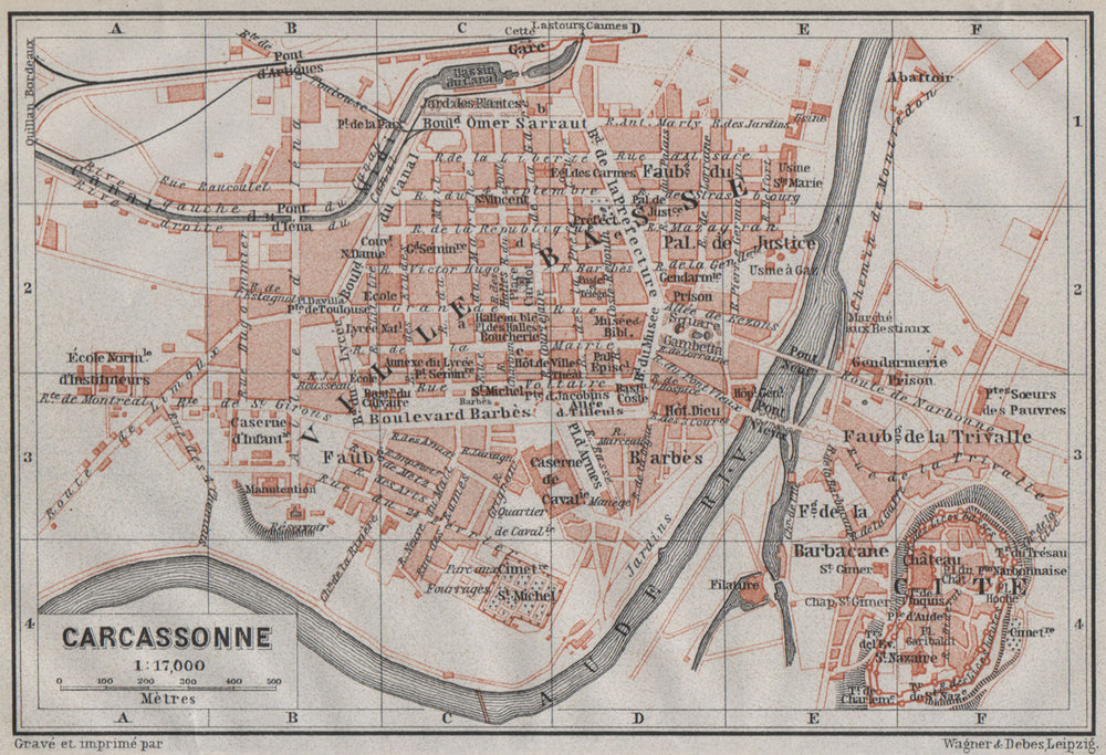 CARCASSONNE town city plan de la ville. Aude. Ville Basse & Cité carte 1907 map