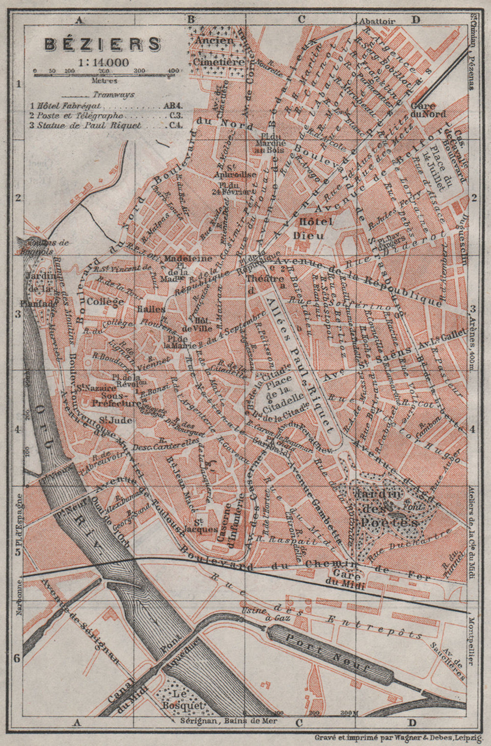 BÉZIERS antique town city plan de la ville. Hérault. Beziers carte 1907 map