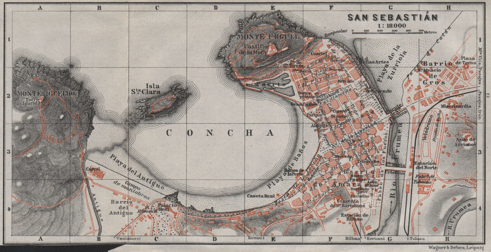 SAN SEBASTIAN antique town city ciudad plan. Spain mapa. BAEDEKER 1907 old