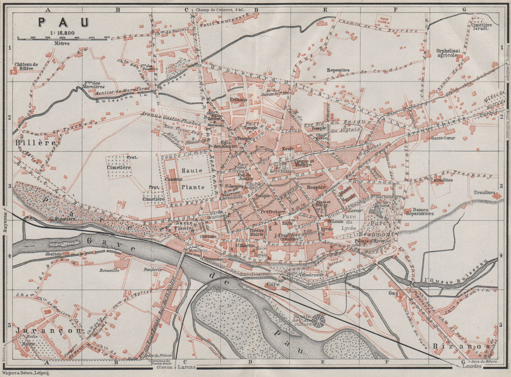 PAU antique town city plan de la ville. Pyrénées-Atlantiques carte 1907 map
