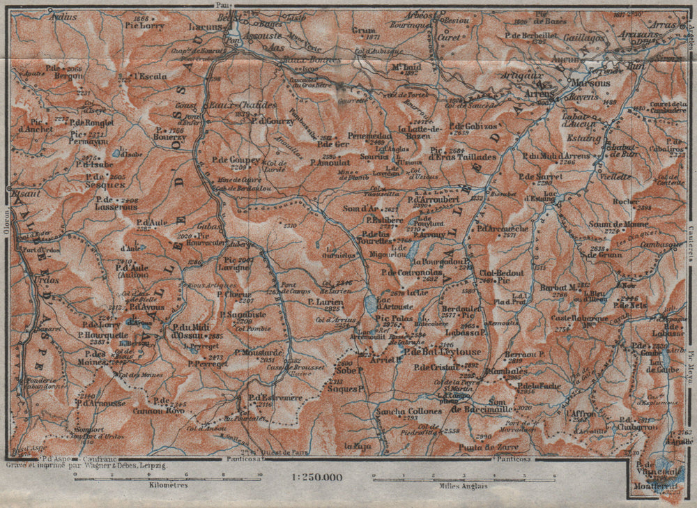 Vallées d'OSSAU & d'AZUN topo-map. Laruns. Hautes-Pyrénées-Atlantiques 1907