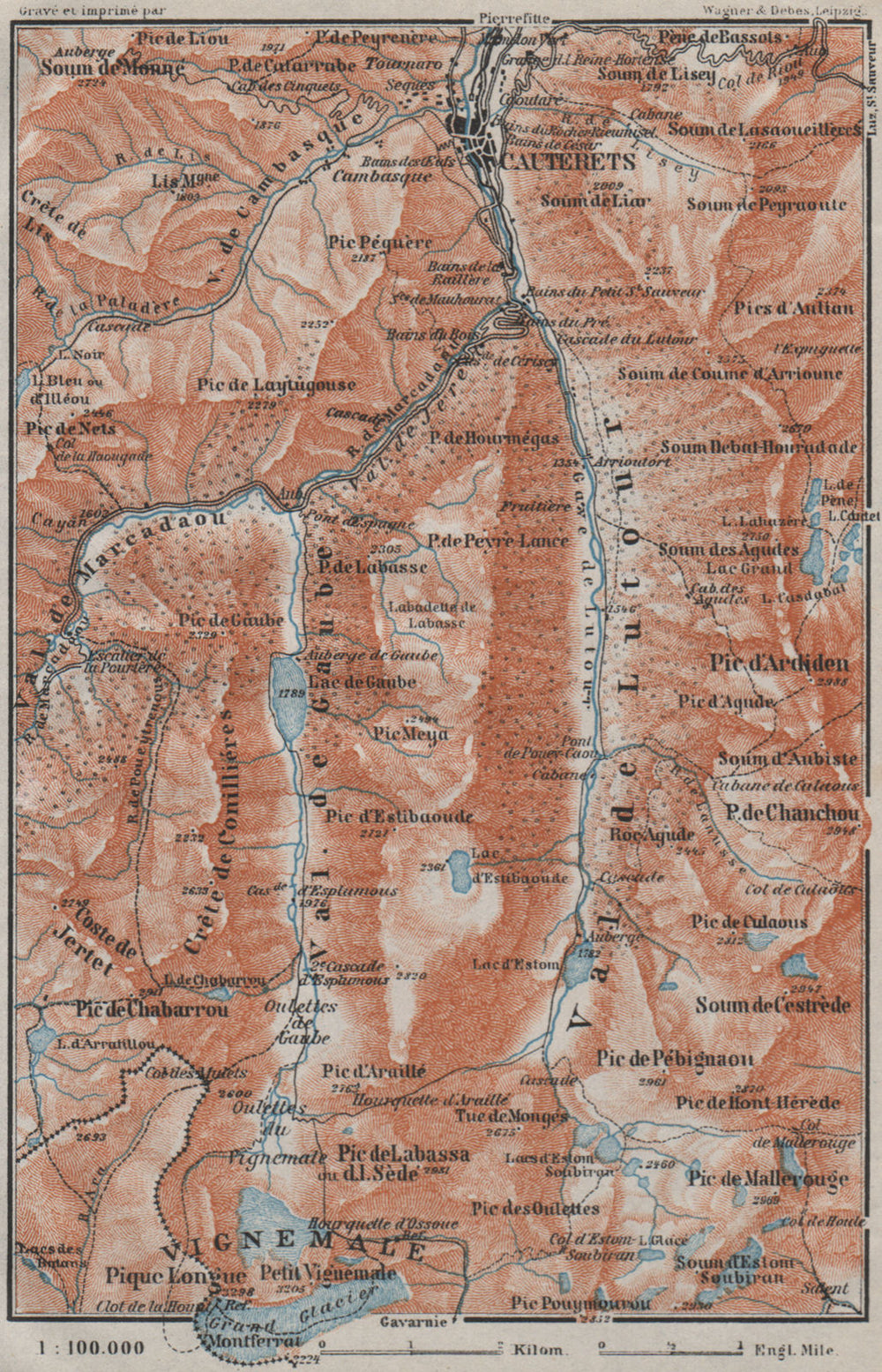 CAUTERETS environs. Vals de Lutour & Gaube. Vignemale. Hautes-Pyrénées 1907 map