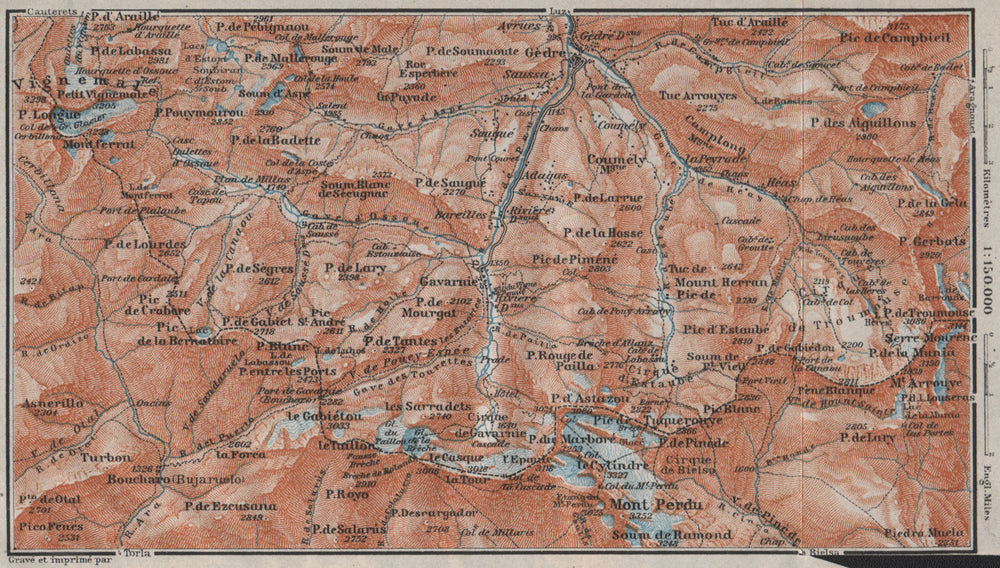 CIRQUE DE GAVARNIE & MONT PERDU topo-map Monte Perdido Hautes-Pyrénées 1907