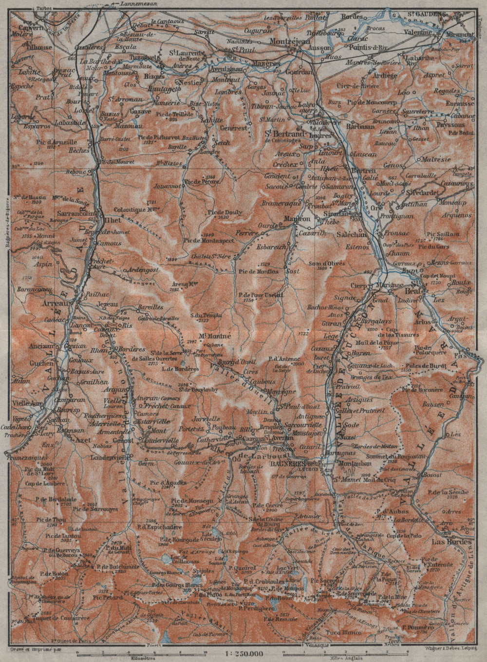 VALLEES D'AURE, DE LUCHON & D'ARAN topo-map. Haute-Garonne/Pyrénées 1907