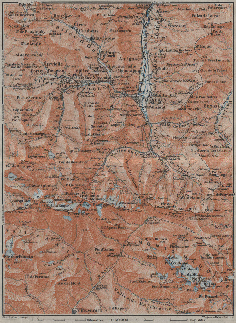 VAL DE LUCHON/ MONTS MAUDITS Bagnères de Luchon topo-map Haute-Garonne 1907