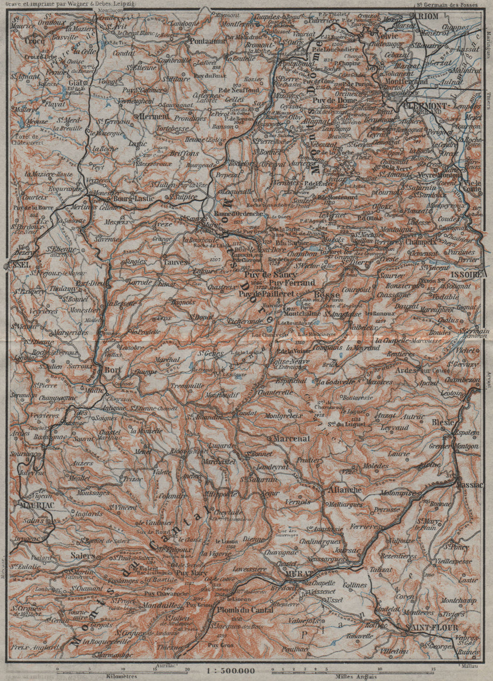 Parc natural volcans d'AUVERGNE. Monts du Cantal Dore Dôme. Volcanoes 1907 map
