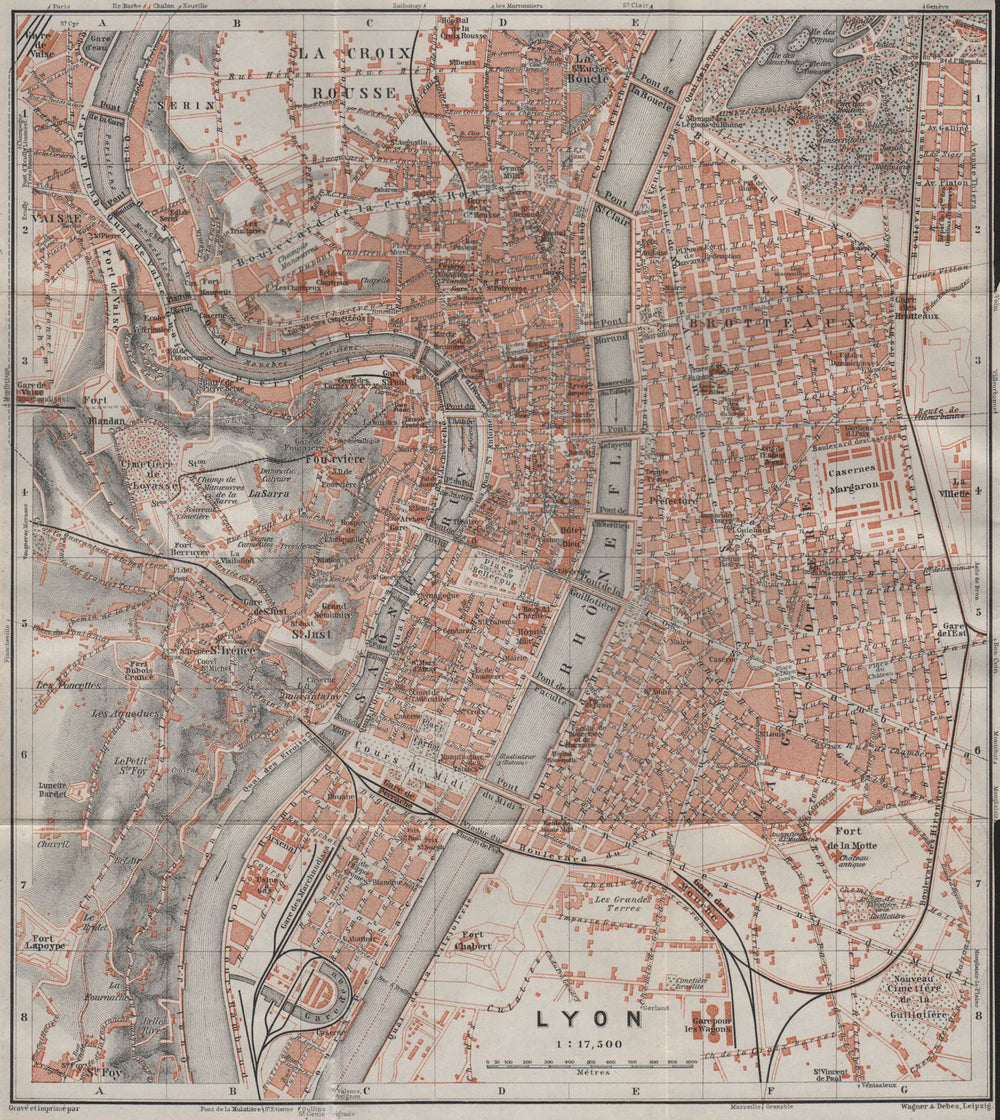 LYONS LYON antique town city plan de la ville. Rhône carte. BAEDEKER 1907 map