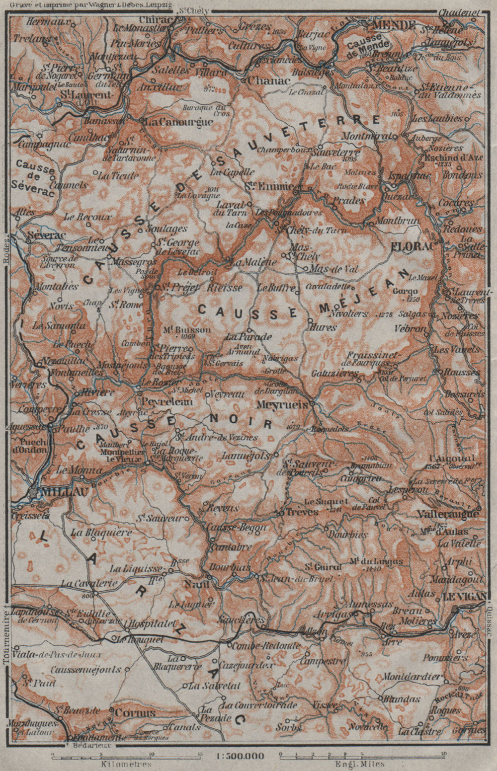 LES CAUSSES Sauveterre Méjean Noir Larzac. Mende Millau Lozère Aveyron 1907 map