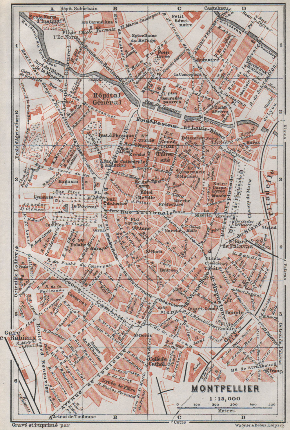 MONTPELLIER antique town city plan de la ville. Hérault carte 1907 old map