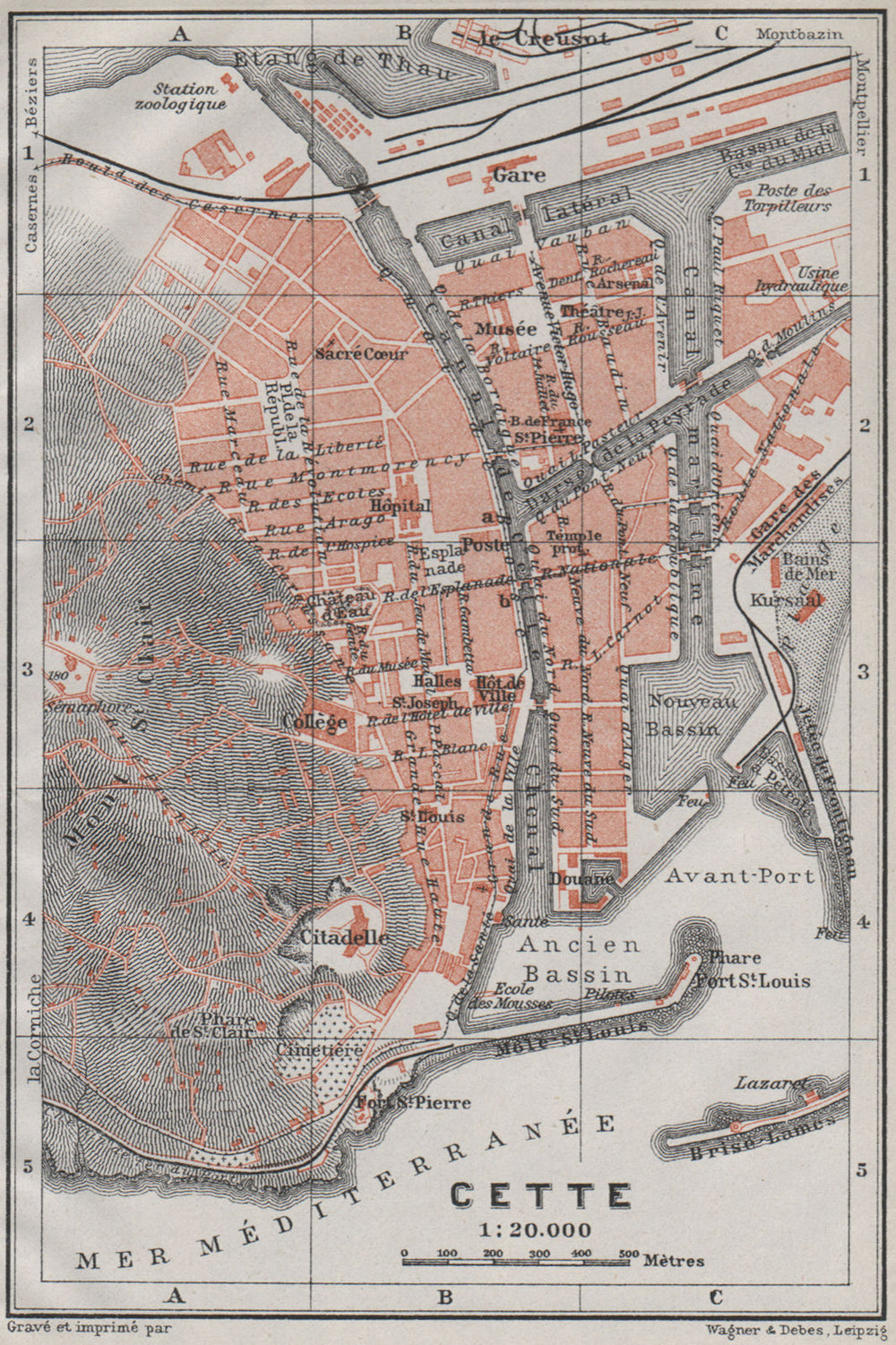 CETTE SÈTE antique town city plan de la ville. Hérault carte. BAEDEKER 1907 map
