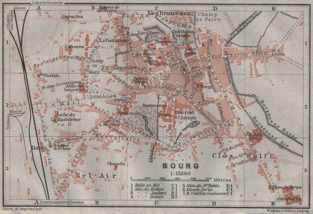 BOURG-EN-BRESSE antique town city plan de la ville. Ain carte 1907 old map