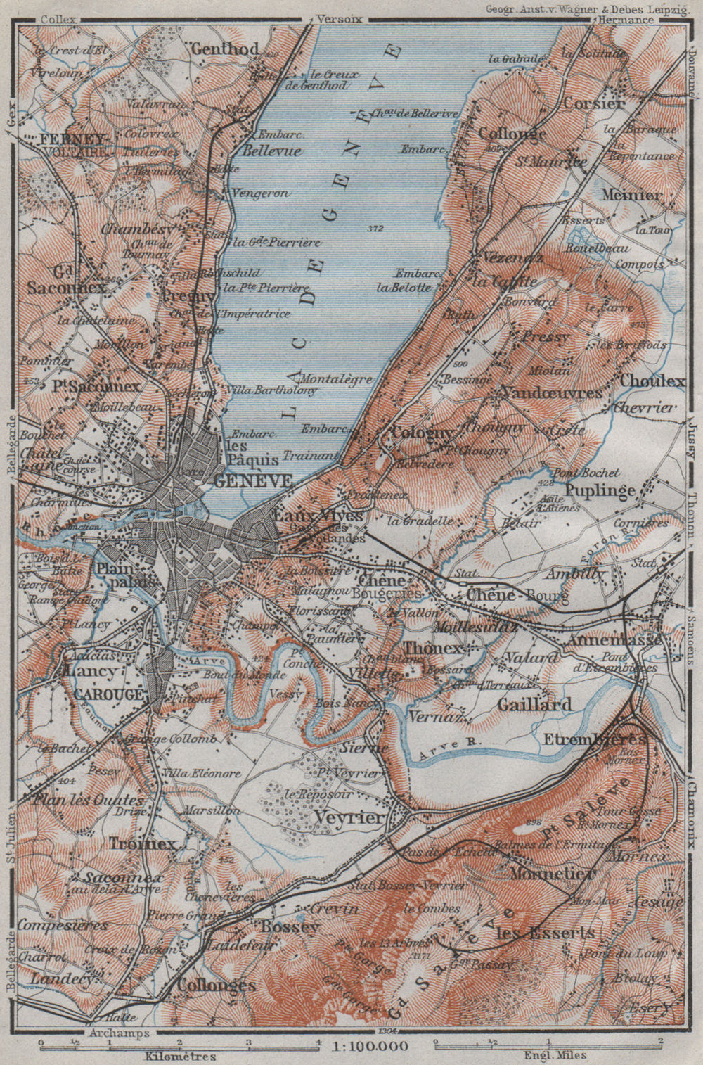 GENEVA GENÈVE environs. Ferney Veyrier Collonges Cologny. Switzerland 1907 map