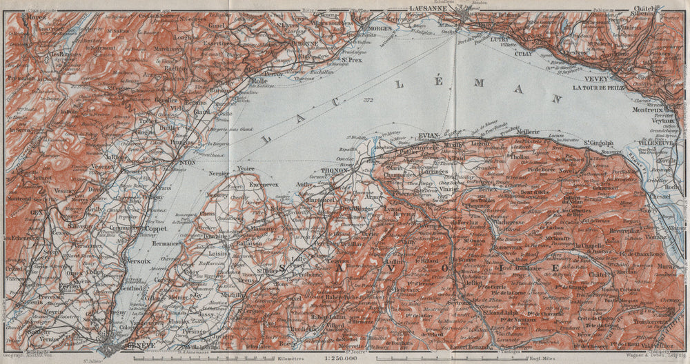 LAKE GENEVA/LAC LÉMAN. Nyon Thonon Evian Vevey Lausanne Montreux 1907 old map
