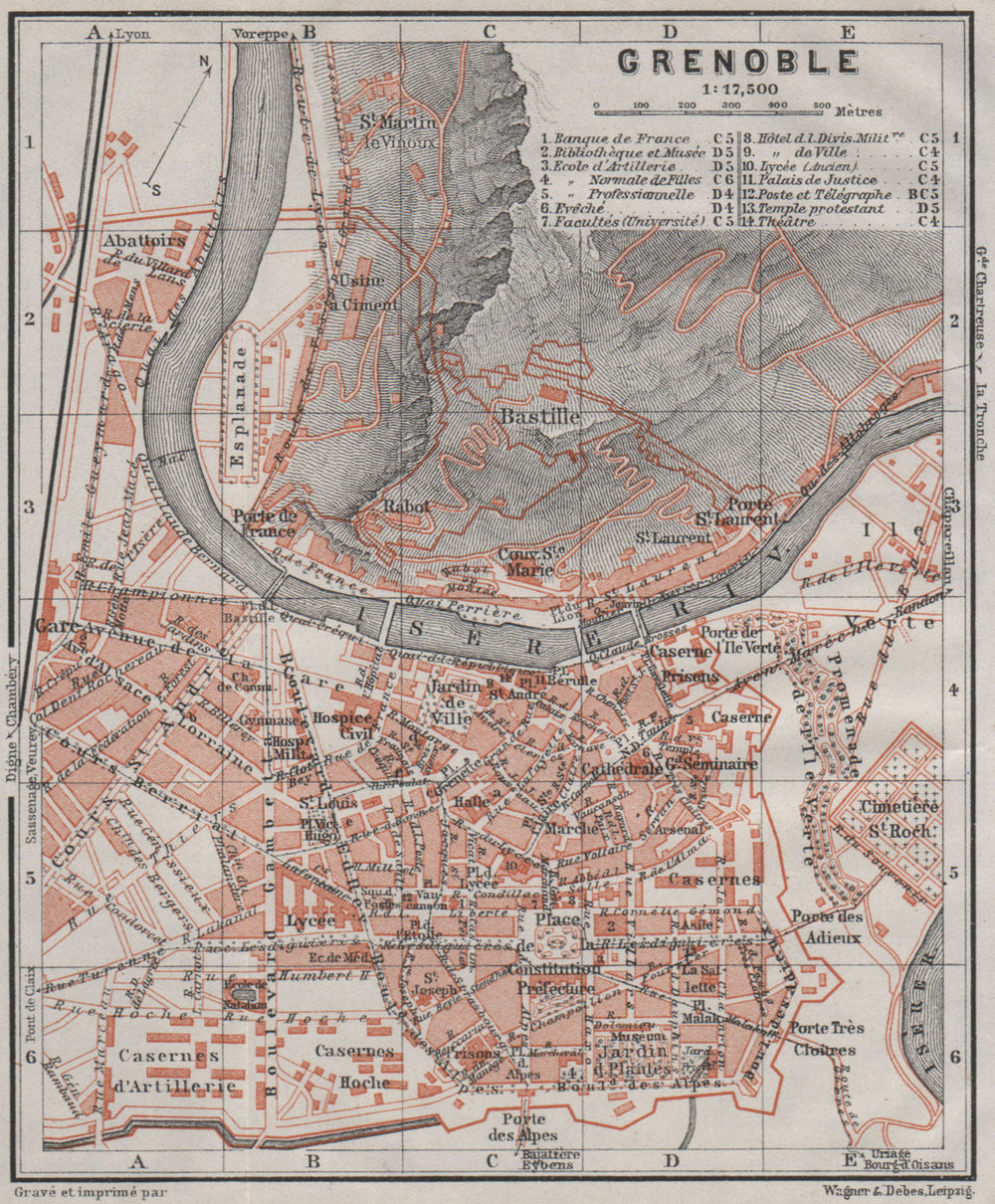 GRENOBLE antique town city plan de la ville. Isère carte. BAEDEKER 1907 map