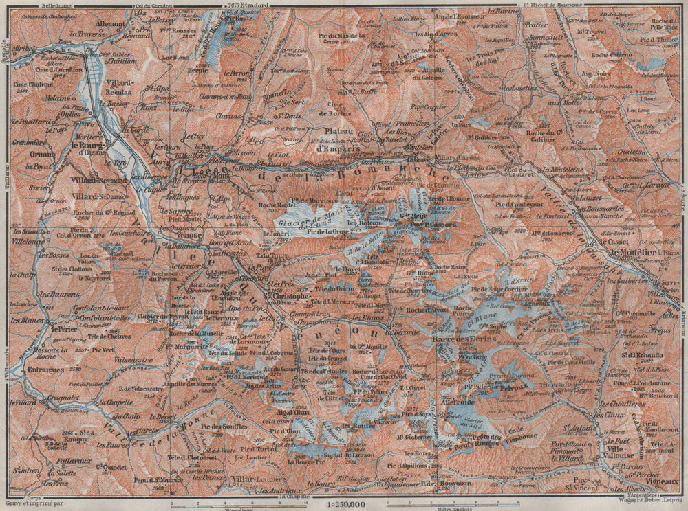 MASSIF DES ÉCRINS Alpe d'Huez Les Deux Alpes Hautes-Alpes Isère carte 1907 map