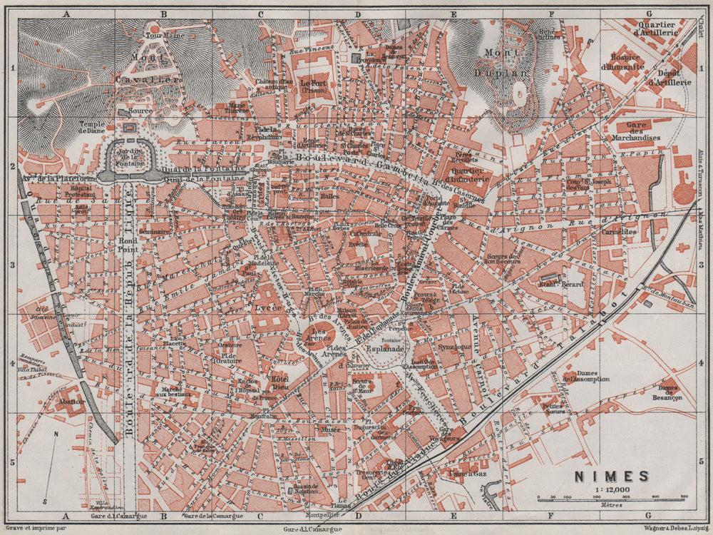 NIMES antique town city plan de la ville. Gard. Nîmes carte. BAEDEKER 1907 map